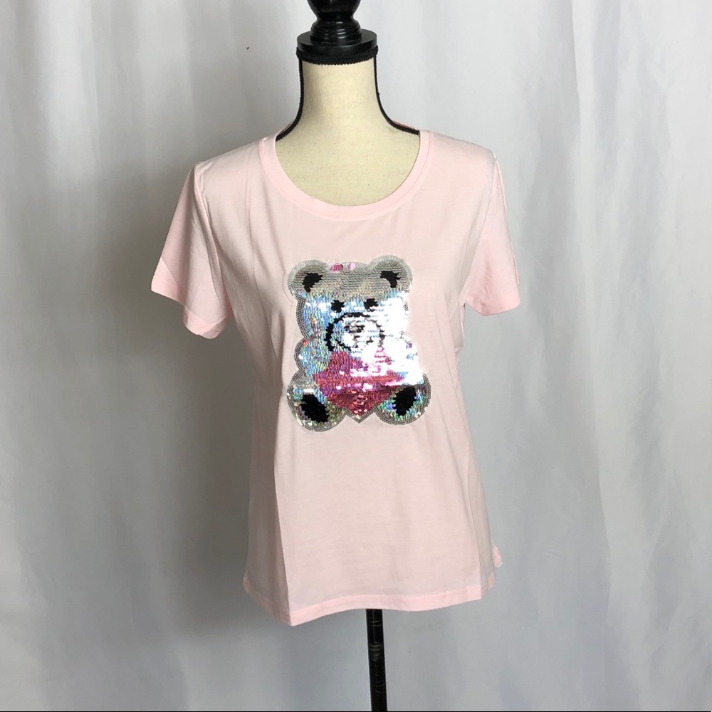 Light Pink Teddy Bear Embroidered T-Shirt NWT
